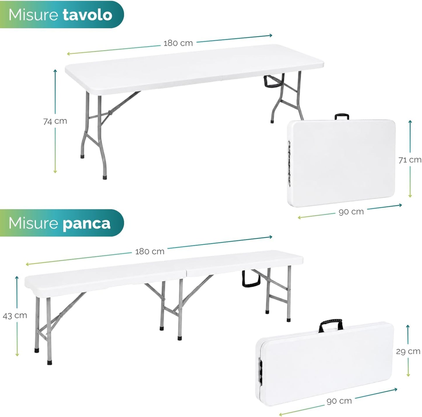 Tavolo Pieghevole Rettangolare 180x70x74cm